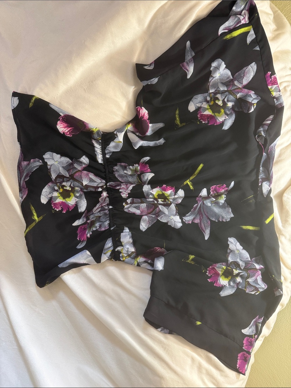 New York & Company Black Floral Off-Shoulder Tunic with Pink & White Blooms